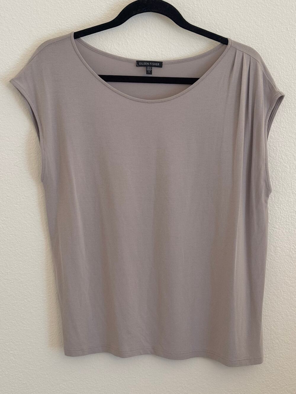 Eileen Fisher Cap Sleeve Top Jersey Medium Neutral Minimalist Gray Beige Greige